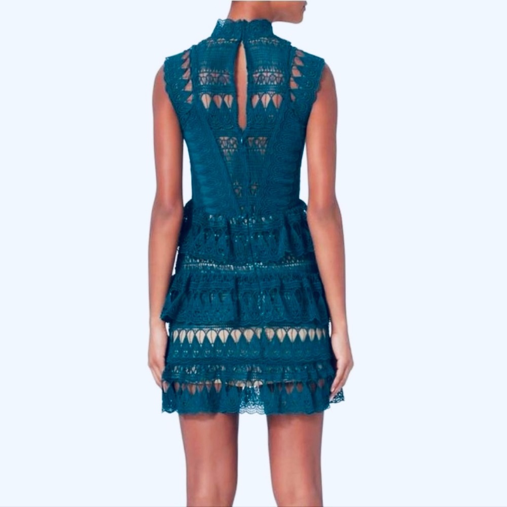 Self-Portrait Teardrop Guipure Tiered Lace Turquoise Teal BOHO Embroidery Dress - Picture 4 of 16